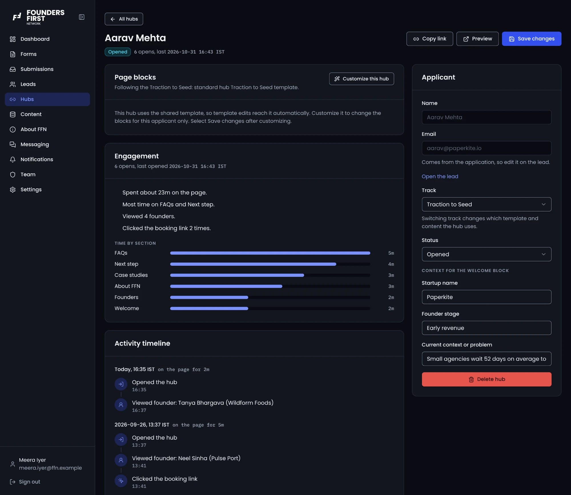 FFN hub engagement view showing time spent per section, an activity timeline and the booking link clicks