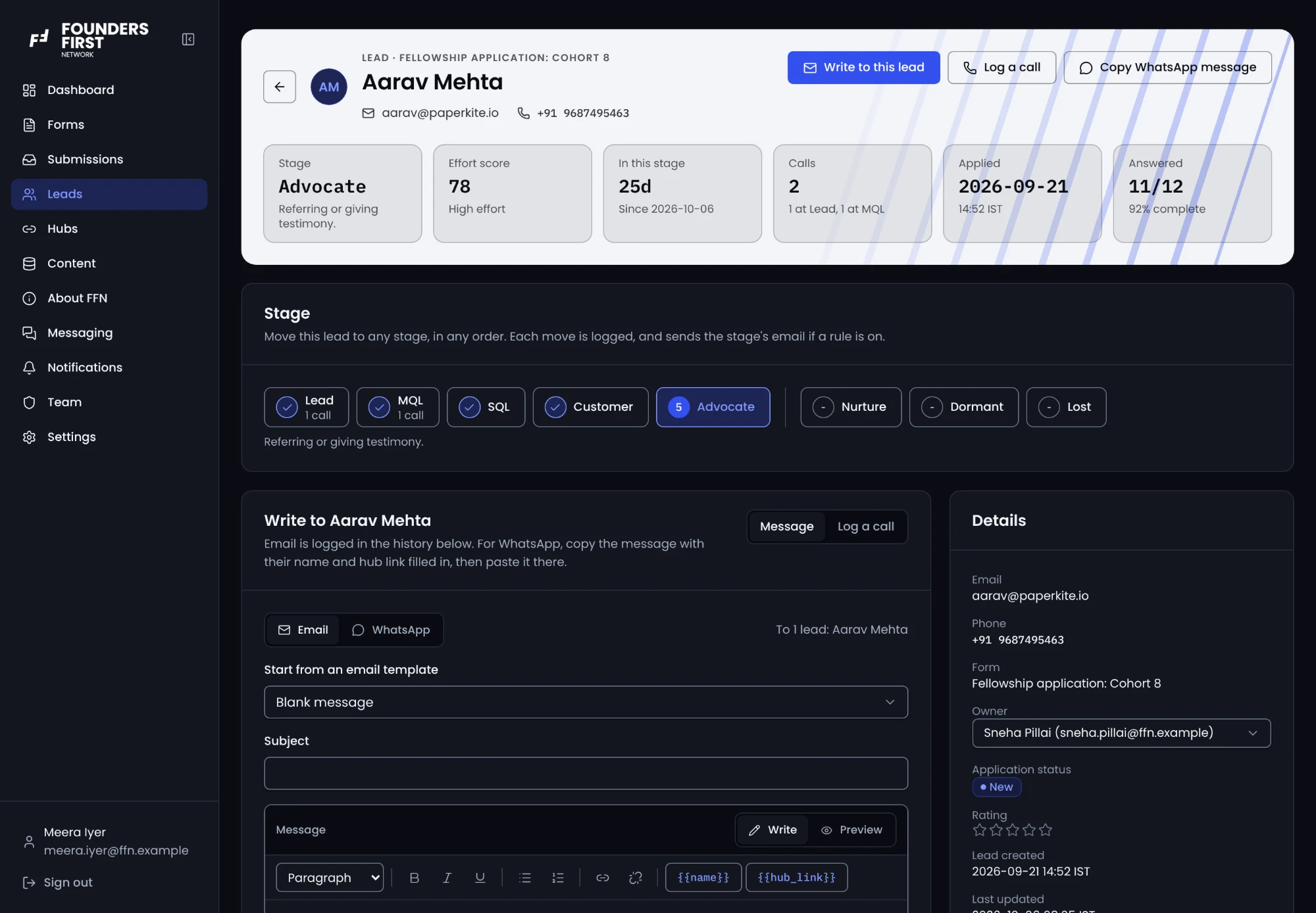 FFN lead detail page showing stage, effort score, call history and an email composer