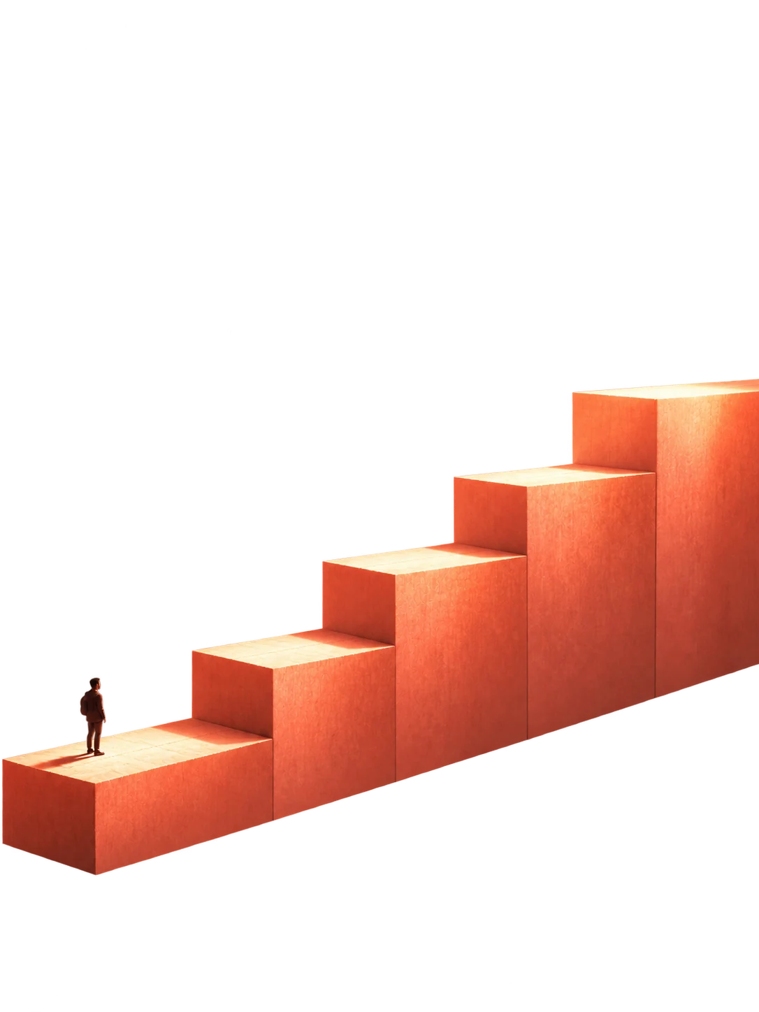 Five coral steps rising left to right, a small figure standing on the lowest step