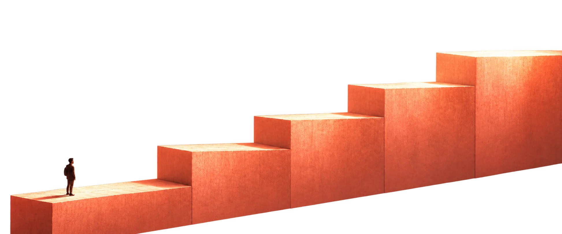 Five coral steps rising left to right, a small figure standing on the lowest step